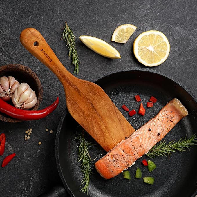 Fiodio Home Teak Wooden Spatula, Spoons & Spurtle for Cooking – Handcrafted, Natural Non-Stick Kitchen Utensils with Comfort Grip & Microfiber Cloth