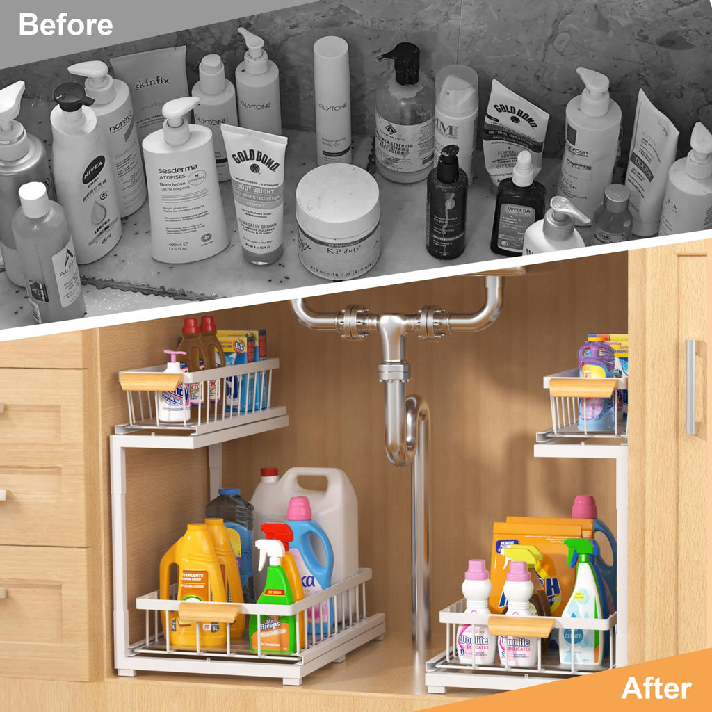 MERATIA Under Sink Organizer 2 Tier, Pull Out Drawer Slides Under Sink Storage for Bathroom Kitchen,Multi-Purpose Drawer Under Cabinet Organizer for Cleaning Supplies (White, Large-1 Pack)
