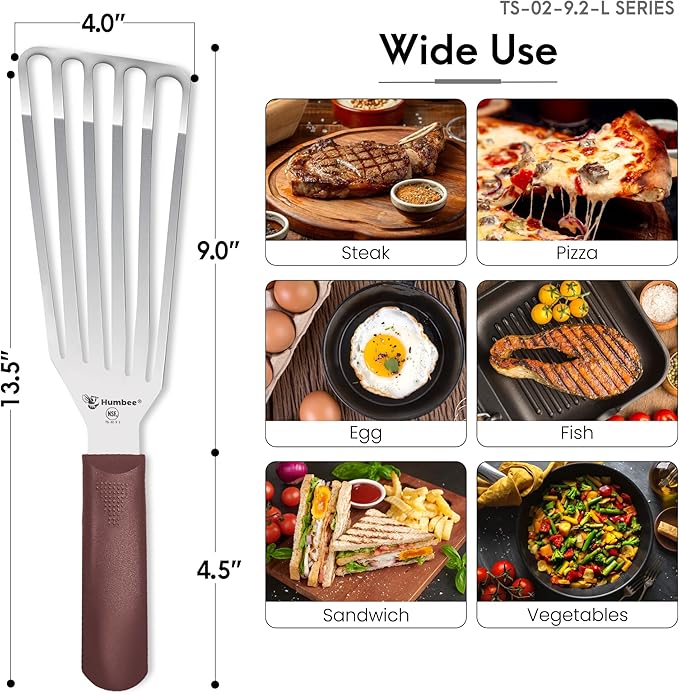 HUMBEE 9 Inches Fish Turner, Slotted Fish Spatula Dishwasher Safe NSF (Left Hand), Shovel Brown