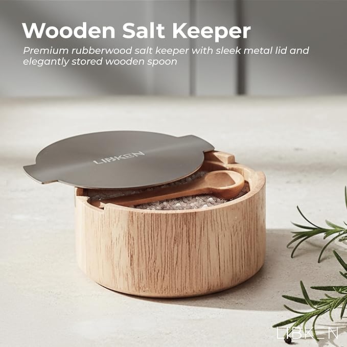LIBKEN Wooden Salt Box with Stainless Steel Lid & Spoon – Rubberwood Keeper to avoid Dust, Minimal Scandinavian Bowl for Pepper, Spices, Herbs and Salt Storage Container - Wooden