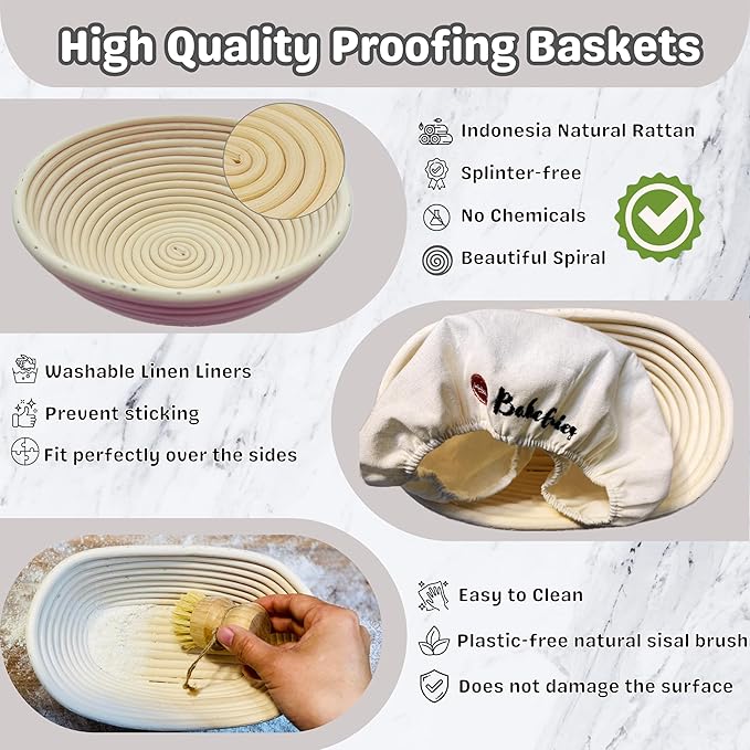 BakeGenies Artisan Bread Banneton Proofing Basket Set of 2, 9 inch Round & 10 inch Oval Sourdough Baskets with Danish Whisk, Dough Cutter, Scraper, Flour duster, Cleaning Brush, Bread Lame &10 Blades