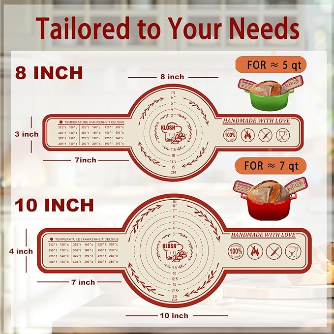 KLOSN Silicone Bread Sling for Dutch Oven, 2 Pack (8" & 10" Round) – Non-Stick & 500°F Heat Resistant Sourdough Mat, Easy to Clean, Reusable Food-Grade Sourdough Slings - Fits 5–7 qt Dutch Ovens
