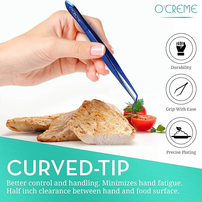 O'Creme Stainless Steel Culinary Tweezer Tongs, Curved & Straight