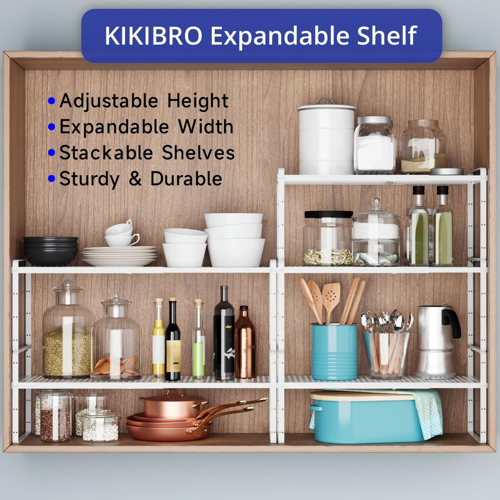 KIKIBRO Expandable Kitchen Shelf Organizers, Kitchen Cabinet Organizer Stand Rack Organization for Countertop Cupborad Pantry Spice Rack, White 1 Pack