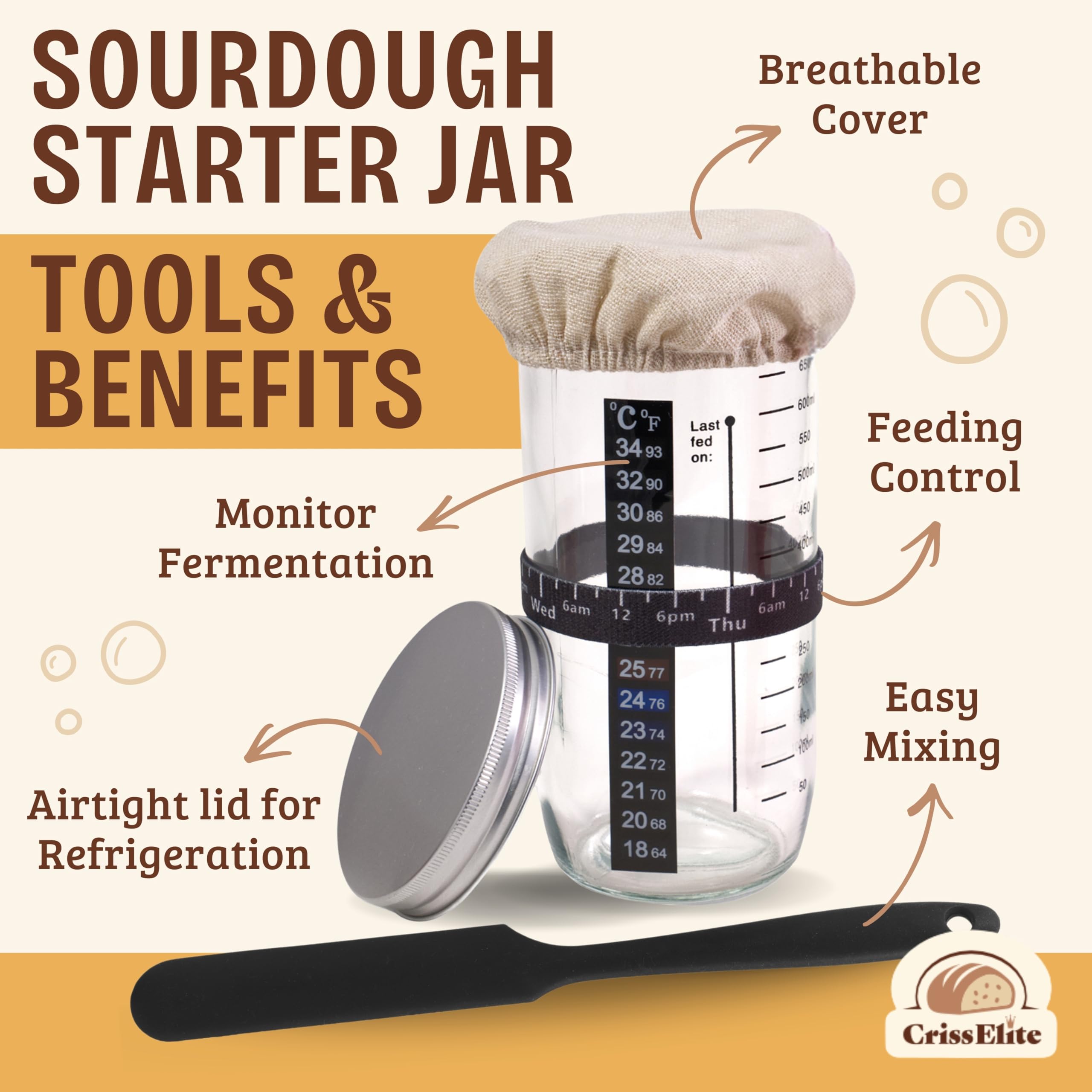 Sourdough Starter Kit – Complete Sourdough Bread Baking Supplies with 24oz Glass Sourdough Starter Jar, 9” Round & 10” Oval Banneton Proofing Basket Set, Sourdough Tools – Artisan Gift for Bakers