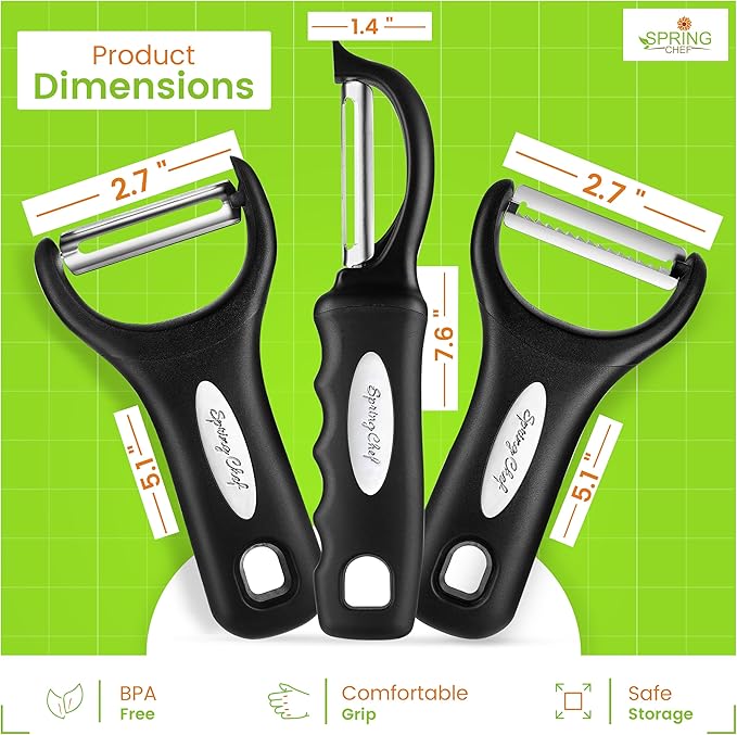Spring Chef 3pcs Vegetable Peelers for Kitchen, Swivel, Y & Julienne Peeler