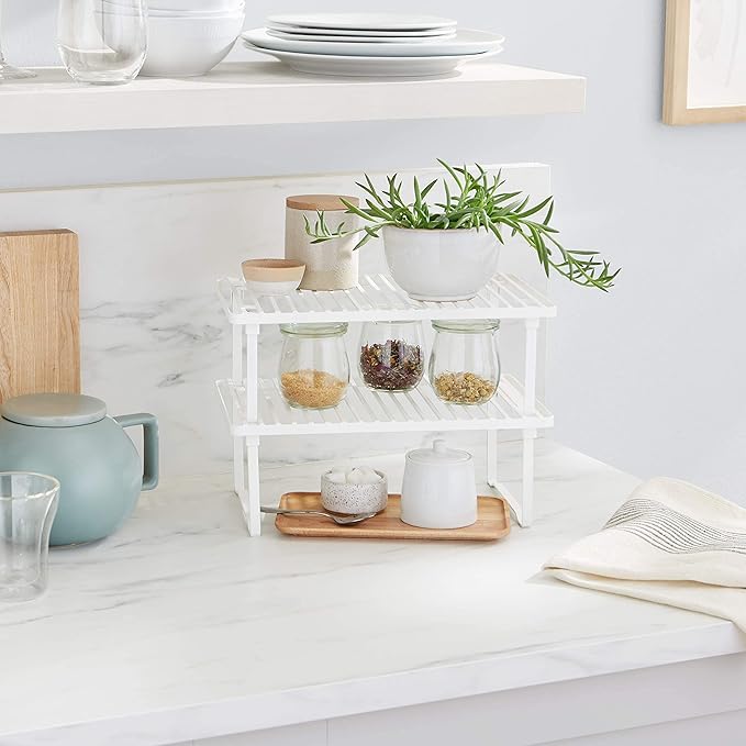 Amazon Basics Space-Saving Stackable Metal Kitchen Cabinet Organizer Shelves for Dishes, Pantry Organization, 12.5" L x 8" D x 4.5" H, Set of 2, White