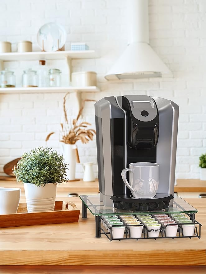 Deco Brothers Tempered Glass K-Cup Holder Drawer for 30 Coffee Pods, Black