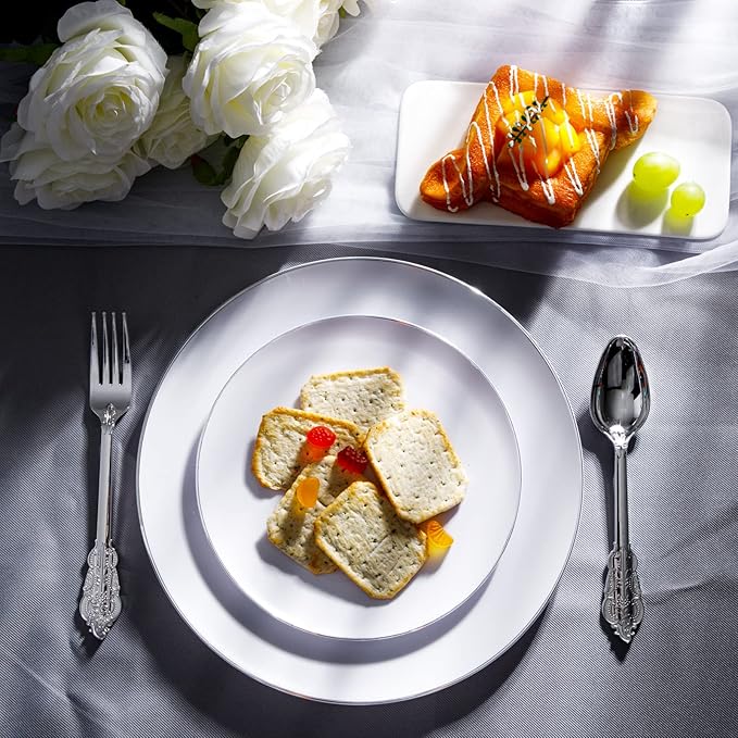 KIRE 100PCS Silver Plastic Plates - Heavy Duty White Disposable Plates with Silver Rim for Party/Wedding - Include 50Pcs 10.25inch Dinner Plates and 50Pcs 7.5inch Dessert Plates for Party