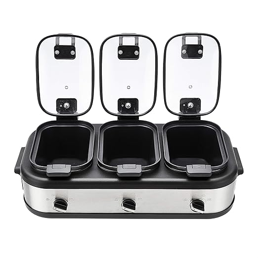 Amazon Basics Stainless Steel Triple Slow Cooker, Dishwasher Safe, Non-Stick, 3 x 2.5 Quarts, Removable Pots, Individual Temp Control, Tempered Glass Lids, for Party Entertaining