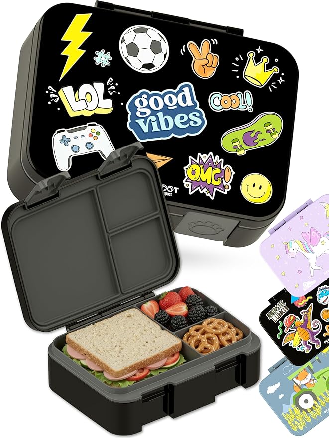 BEARFOOT Kids Lunch Box with Compartments – Compact & Lightweight | Leak-Proof, BPA-Free, Dishwasher Safe | Hand-Drawn Design for Preschool, School, Travel (Sticker Black, 2.75 Cups)