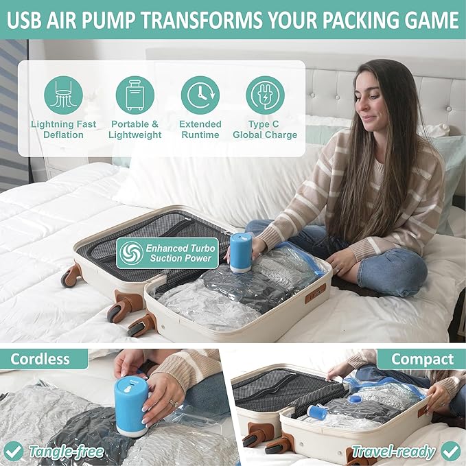 Cozy Essential Travel Vacuum Storage Bags with Rechargeable Cordless USB Pump, Space Saver Bags for Luggage, Suitcase, Carry-On, for Clothes, Blankets, Bedding & Seasonal Storage,8 Combo