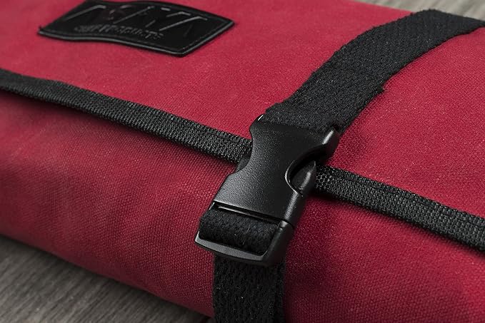 Asaya Waxed Canvas Chef Knife Roll Bag with 10 Slots and a Zipper Pocket - Professional Chef Knife Bag & Storage Case, with Shoulder Strap - Knives Not Included (Red)