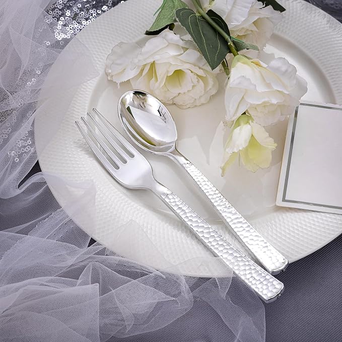 KIRE 400PCS Silver Plastic Silverware - Disposable Silverware, Heavy Duty Plastic Silverware Set Include 200 Silver Forks,100 Silver Knives,100 Silver Spoons for Party,Wedding for Christmas