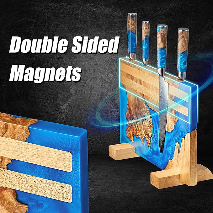 SENKEN "Tsunami" Extra Large Magnetic Knife Block - Holds Up to 16 Knives - Knife Block without Knives, Universal Knife Holder, Beautiful Blue Resin Burl Wood Blend ("Tsunami" Blue Resin Blend)
