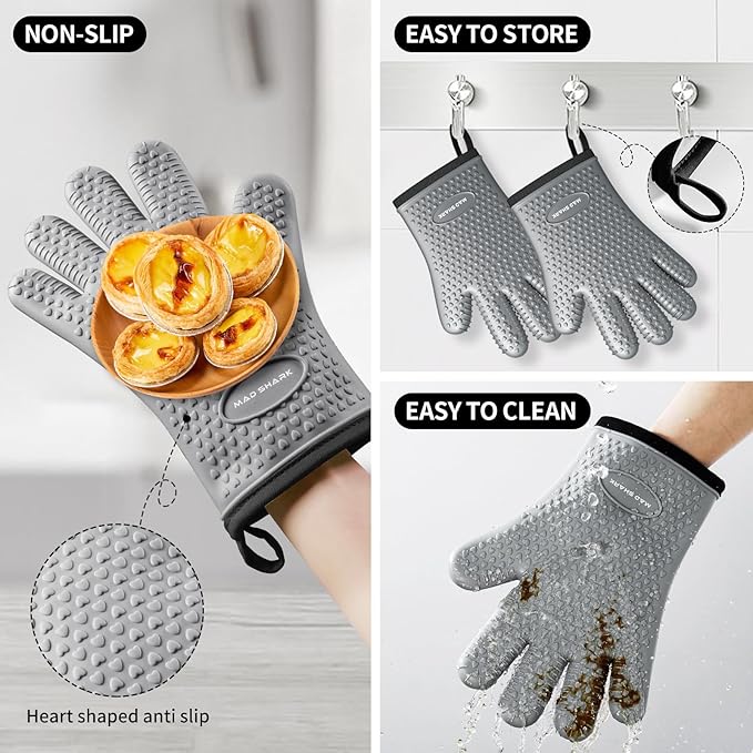 MAD SHARK Silicone Oven Mitts with Fingers Heat Resistant 450°F in Kitchen