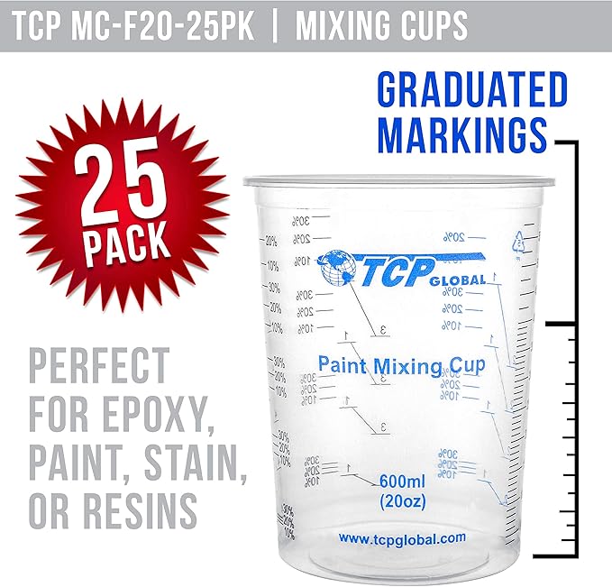 TCP Global 20 oz. (600ml) Graduated Plastic Mixing Cups - Box of 25 - Disposable Plastic Measuring Cups for Liquids, Paints, Resin, Epoxy, Art, Kitchen - Ratios 2-1, 3-1, 4-1 ML