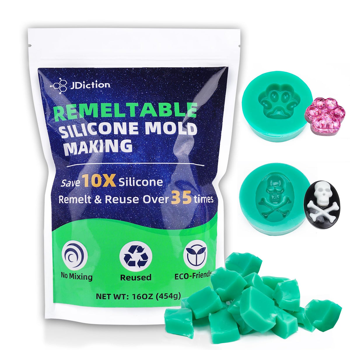 JDiction Reusable Silicone Mold Making Kit, 16oz Remeltable Silicone for Mold Making, No Mix, Non-Toxic, Odorless Silicone Rubber for Resin, Epoxy, Picky Pad, Clay, Soap, Candle, Small Crafts