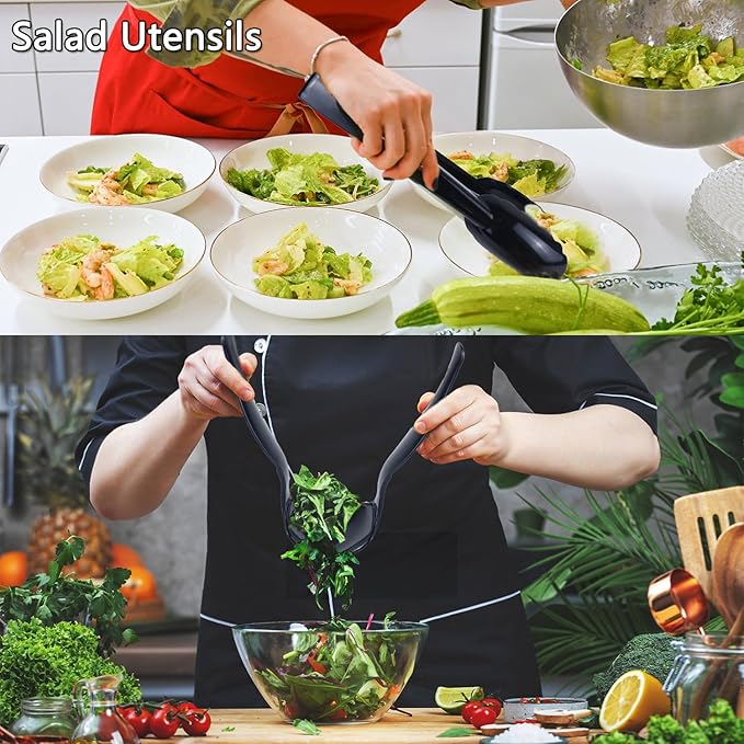 24Pcs Black Plastic Serving Utensils, Spoons Forks and Tongs Set