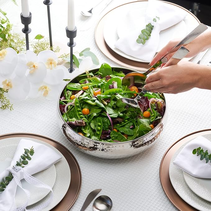 Colleta Home Salad Bowl and Serving Utensils - Hammered Detailing - Stainless Steel Mixing Bowls with Lids- Luxurious Serving Bowls (12" Hammered Salad Bowl)