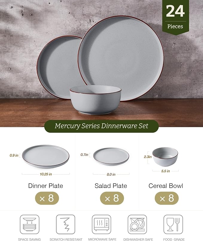 Famiware Mercury 24-Piece Stoneware Dinnerware Set,Light Grey