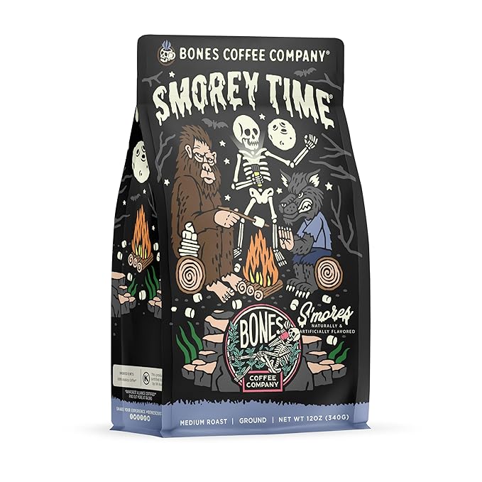 Bones Coffee Company S'morey Time Flavored Coffee - Medium Roast - Ground or Whole Bean - Low-Acid Arabica Coffee Beans - Balanced S'mores and Graham Cracker Flavor - 12 Oz