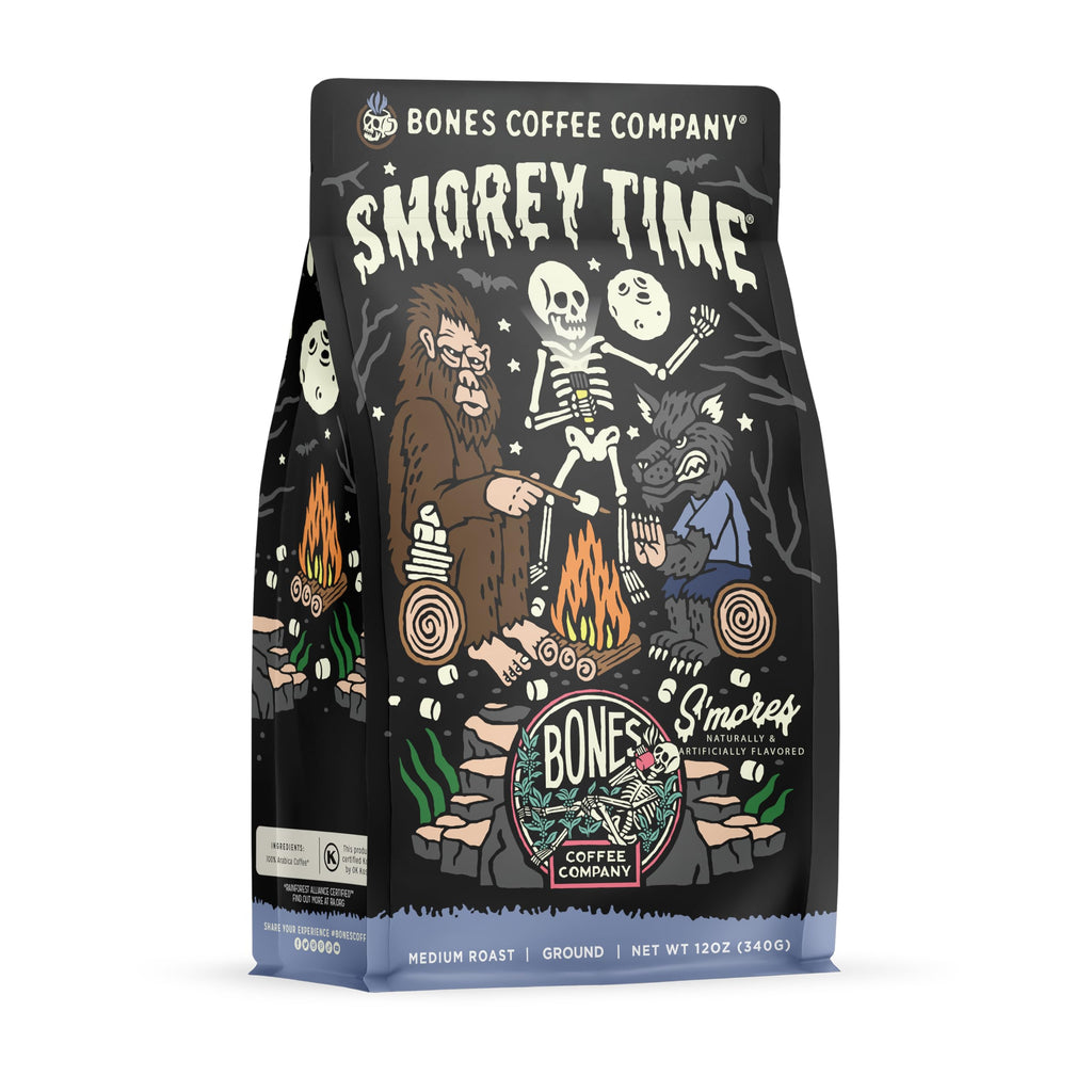Bones Coffee Company S'morey Time Flavored Coffee - Medium Roast - Ground or Whole Bean - Low-Acid Arabica Coffee Beans - Balanced S'mores and Graham Cracker Flavor - 12 Oz