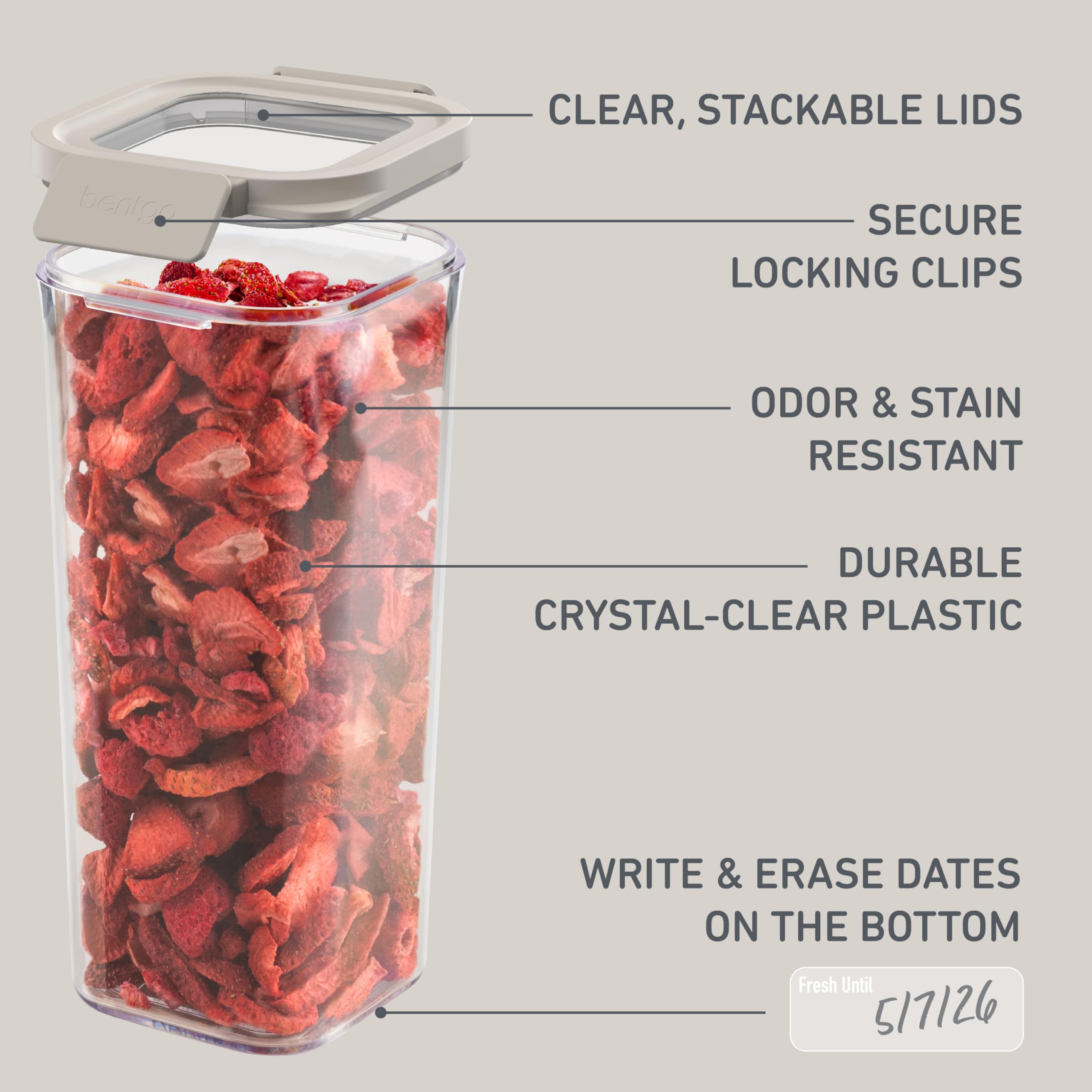 Bentgo Pantry - 10-Piece Airtight Food Storage Containers, Clear, Stackable Kitchen & Pantry Organization, Locking Lids for Freshness, BPA-Free Plastic - Ideal for Sugar, Flour, & More (White Stone)