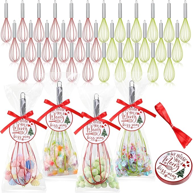 FoldTier 100 Sets 10 Inch Christmas Whisks Gifts DIY Fillable Christmas Tree Ornaments Xmas Colored Silicone Whisks for Cooking Heat Resistant Egg Beaters with Card Rope Bag for Candy Holder