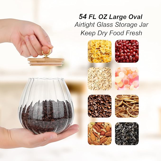 Glass Coffee Nuts Canister Airtight Jar with Bamboo Lid 54 FL OZ Large Oval