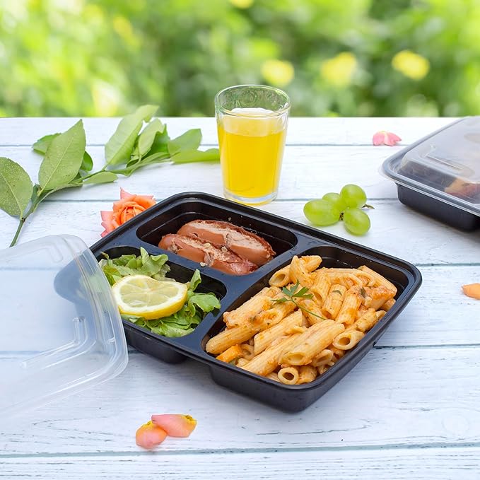 GUSTO 24 oz - 3 Compartment Meal Prep Containers with Lids – [50 Count] Reusable, Microwaveable, Dishwasher & Freezer Safe, BPA-Free Food Storage Boxes for Portion Control (Formerly Comfy Package)