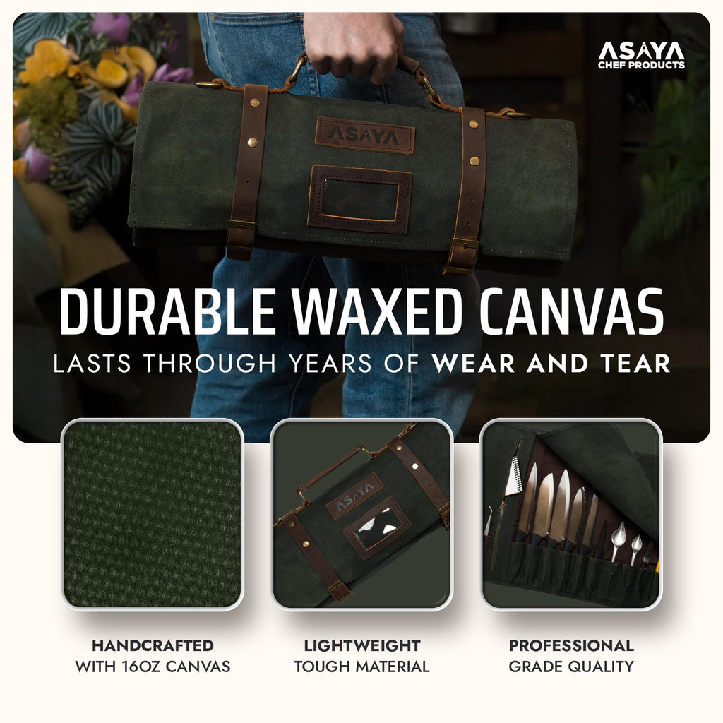 Asaya Waxed Canvas Knife Roll Bag - 15-Slot Chef Knife Bag with Leather Straps, Large Zippered Pocket and Card Holder - Carrying Case for Chefs and Culinary Students – Knives Not Included (Green)