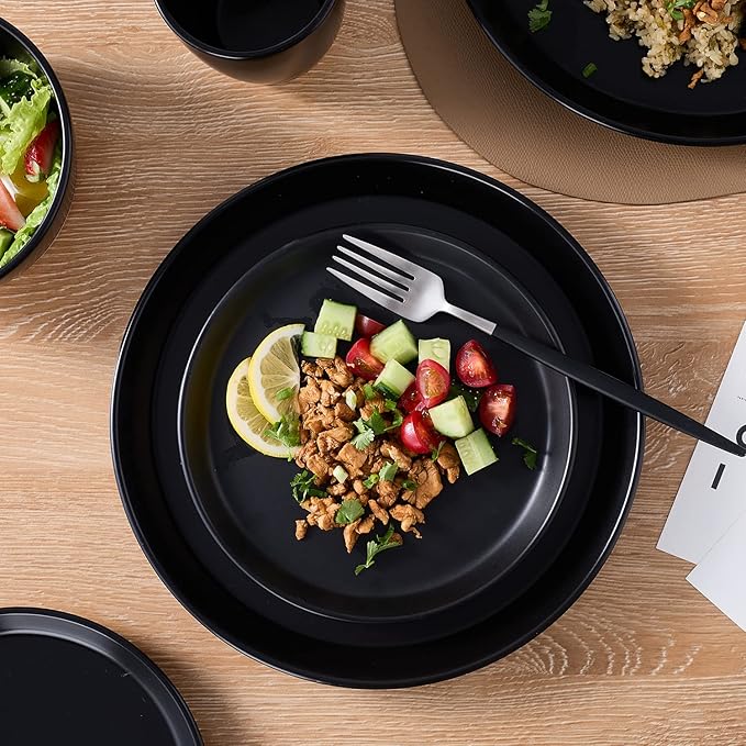 Stone Lain Jules Stoneware 16-Piece Dinnerware Set, Plates and Bowls, Service for 4, Black, Microwave & Dishwasher Safe
