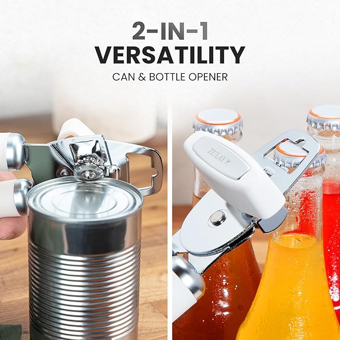 Zulay Kitchen Heavy Duty Stainless Steel Can Opener Manual with Bottle Opener - Rust Proof Manual Can Opener With Turn Knob & Comfy Soft Grip Handles - White