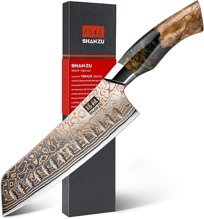SHAN ZU Damascus Santoku Knife 7 inch, Japanese Kitchen Knives