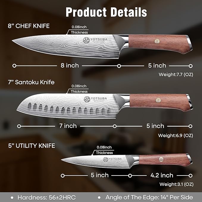 YOTSUBA 3 PCS Japanese Kitchen Knife Set, Razor Sharp High Carbon Stainless Steel Chef Knives with Ergonomic Natural Rosewood Handle, Premium Gift Box for Home & Restaurant Use