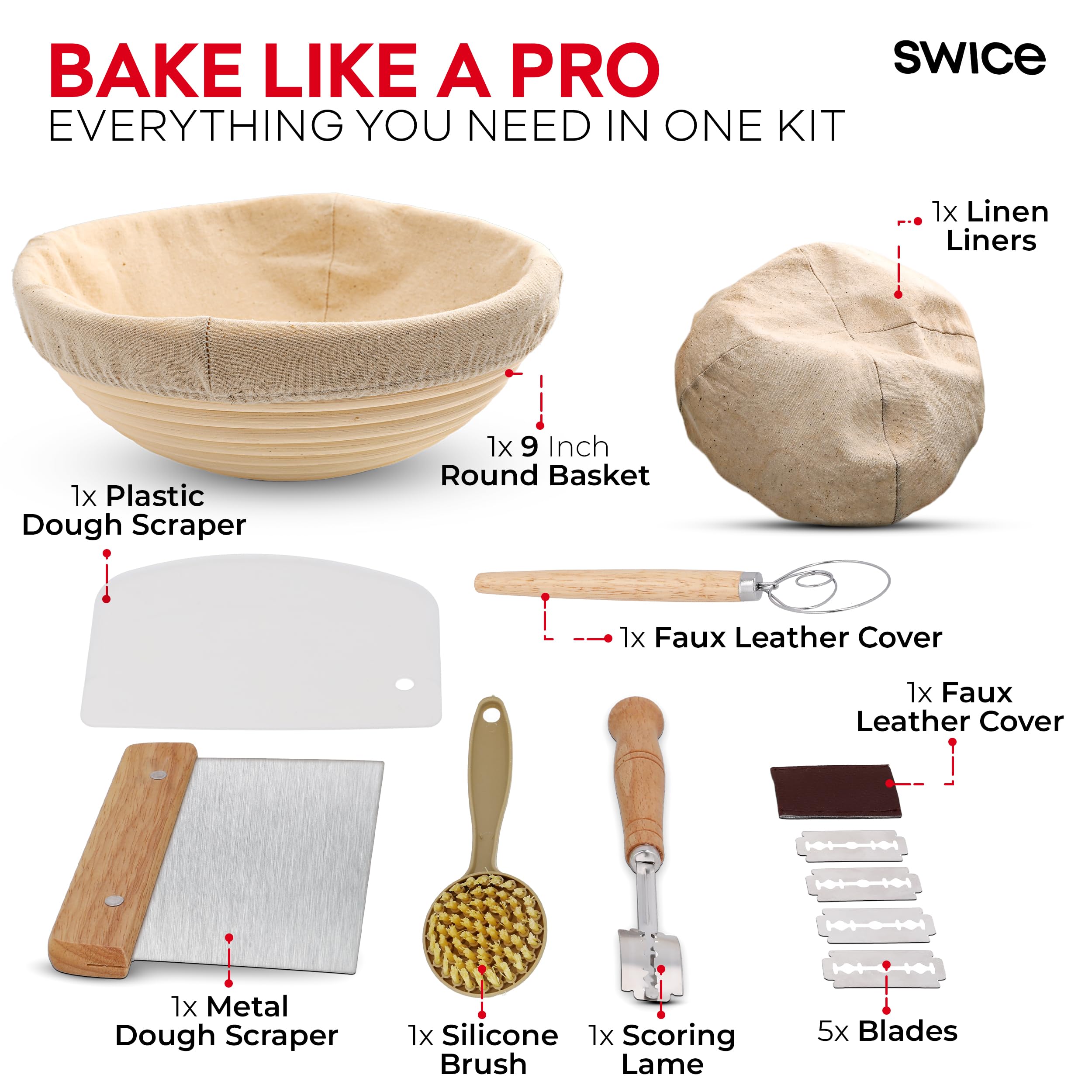 Swice Bread Proofing Basket, Round 9-Inch Banneton Sourdough Starter Kit with Lame, Dough Scraper, Linen Liner, and Basting Brush, Complete Bread Making Supplies and Tools