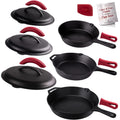 Cuisinel Cast Iron Skillets Set with Lids - 8"+10"+12"-inch Pre-Seasoned Covered Frying Pan Set + Silicone Handle and Lid Holders + Scraper/Cleaner - Indoor/Outdoor, Oven, Stovetop, Fire Safe Cookware