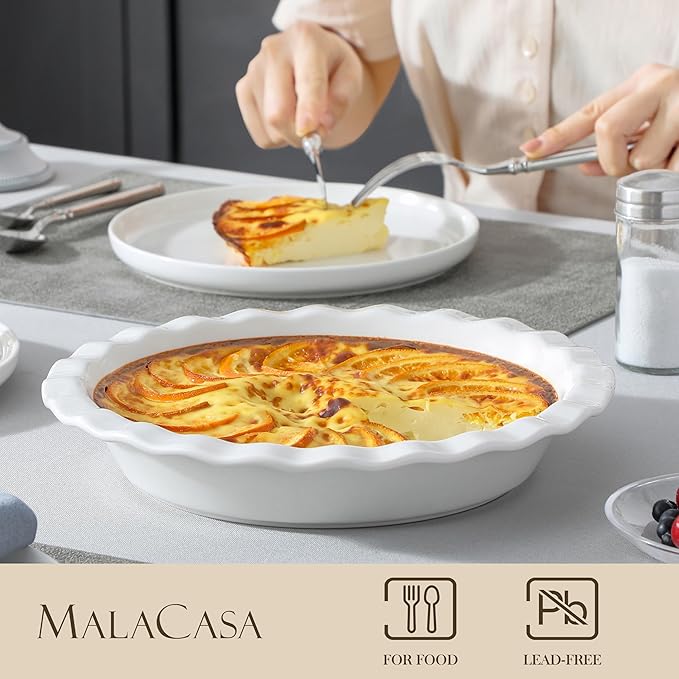 MALACASA 40 Oz Ceramic Pie Pan 9 Inch, Fluted Pie Dish for Quiche