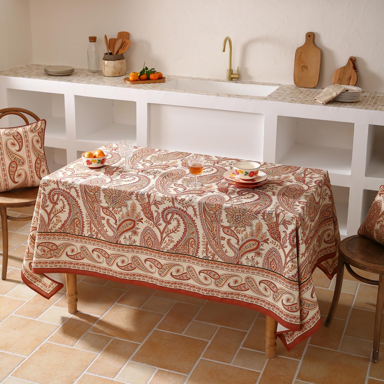 ISAENNE Designer Vintage Linen Rectangular Tablecloth,71"x55"-Chauffrey D