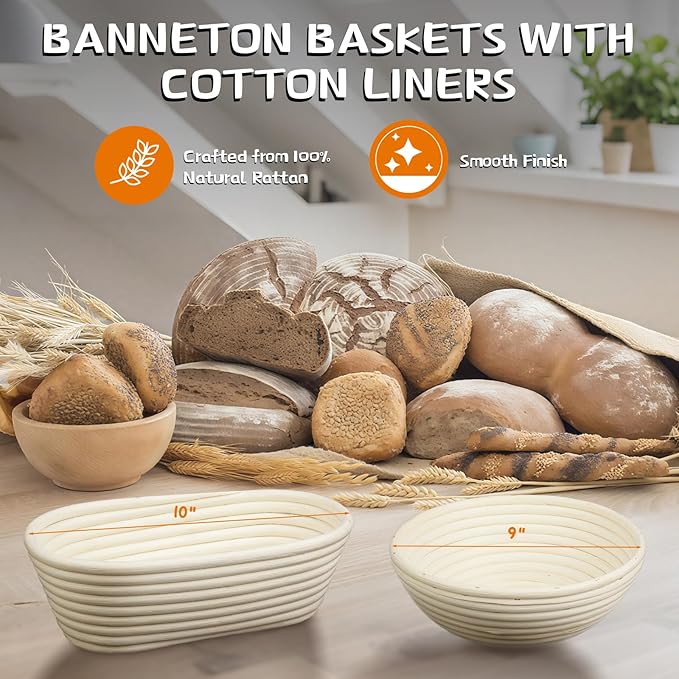 Dimpola Banneton Bread Proofing Basket - Banneton Basket Set Sourdough Proofing Basket Round Proofing Bowls Handmade Rattan Baskets and Liners (Oval & Round Gift Set)