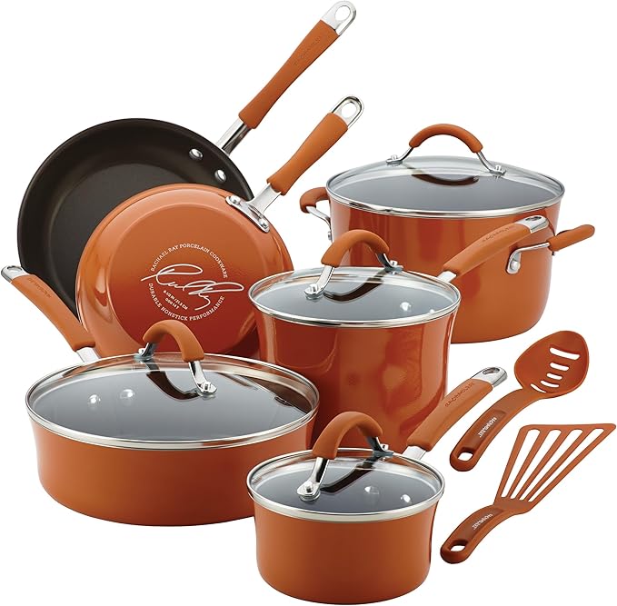 Rachael Ray Cucina Nonstick Cookware, Pumpkin Orange Pots and Pans Set, 12-Piece