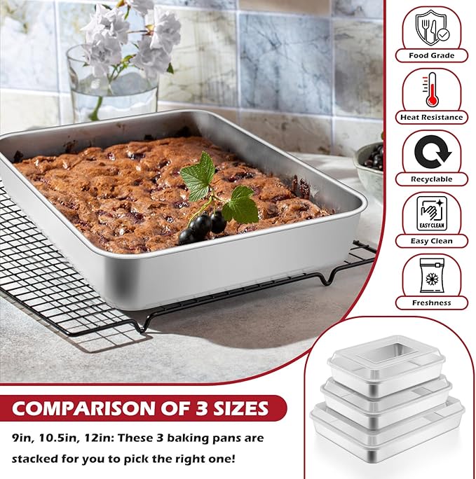Leonyo Focaccia Bread Pan with Lid, 10.5x 8x 2 Inch Deep Cake Pan Sheet