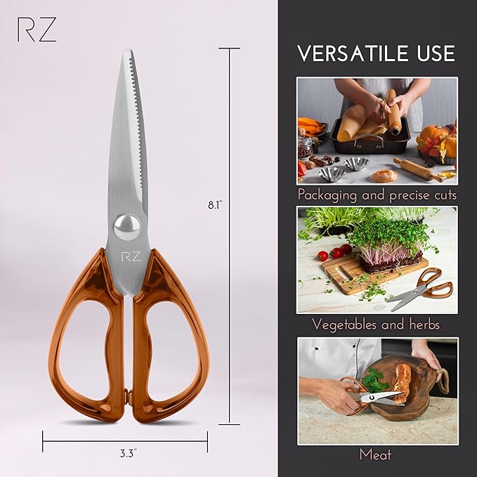 Rachel Zoe All Purpose Scissors, Scissors for Office, School or Art, Stainless Steel Sharp Shears with Large Handles, Dishwasher Safe (Brown/Silver)