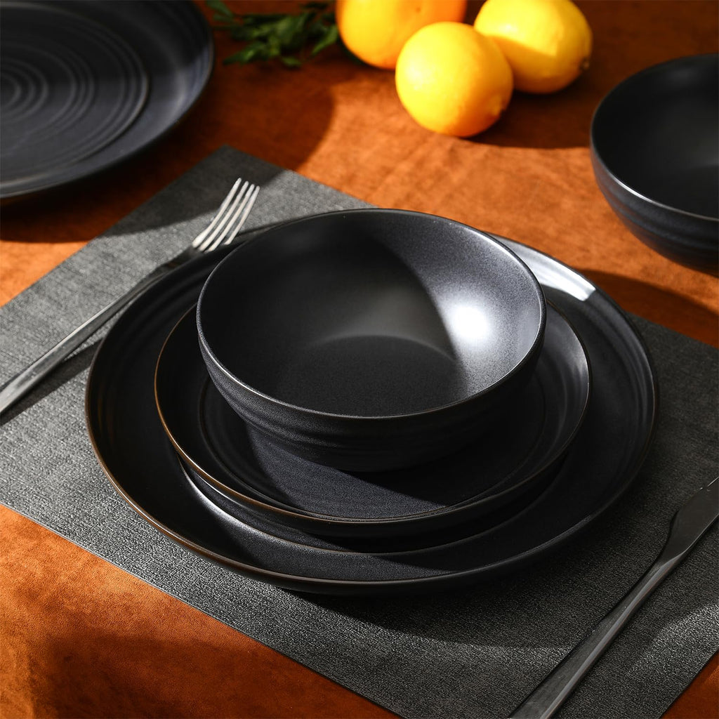Stone Lain Elio 24-Piece Dinnerware Set Stoneware, Plates and Bowls Set, Dish Set for 8, Black