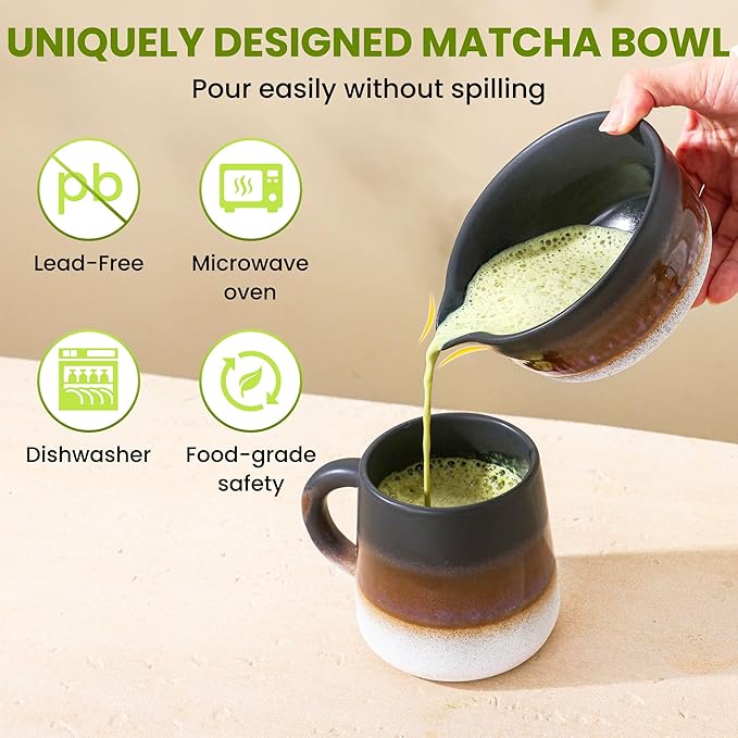 GBBG Matcha Whisk Set, Ceramic Matcha Kit Desert Style, Matcha Whisk and Bowl, Bamboo Scoop and Rest, Sifter and Tea Towel, 7 Pcs Gifts for Matcha Lover - Matte Black