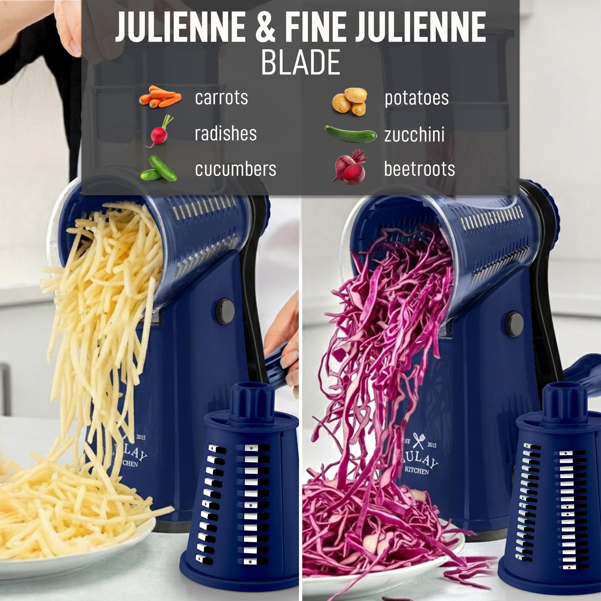 Zulay Kitchen Rotary Cheese Grater 5 Blade Cheese Shredder - Manual Hand Crank Cheese Grater With Reinforced Suction & 5 Interchangeable Drums - Easy to Use, Vegetable Chopper Round Mandoline Slicer