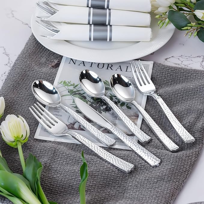 WELLIFE 75 Pack Silver Plastic Silverware,Pre Rolled Silverware Set Disposable,Disposable Cutlery Includes: 75 Forks, 75 Knives, 75 Spoons, 75 Napkins,Plastic Utensils for Party and Wedding