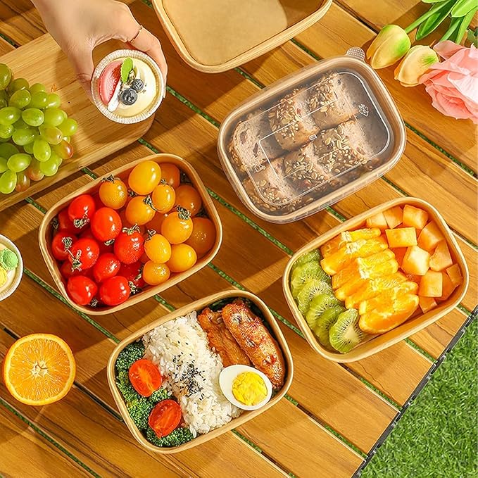 50-Pack 34oz Kraft Paper Bowls, Disposable Meal Prep Containers with Lids and Forks, Food Prep Containers To Go Food Containers Deli Containers for Take-out, Meal Prep, World Cup Party Supplies