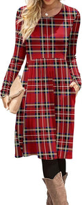DB MOON Womens Casual Long Sleeve Dresses Empire Waist Knee Length Loose Dress with Pockets (DBL Red Plaid, 3XL)